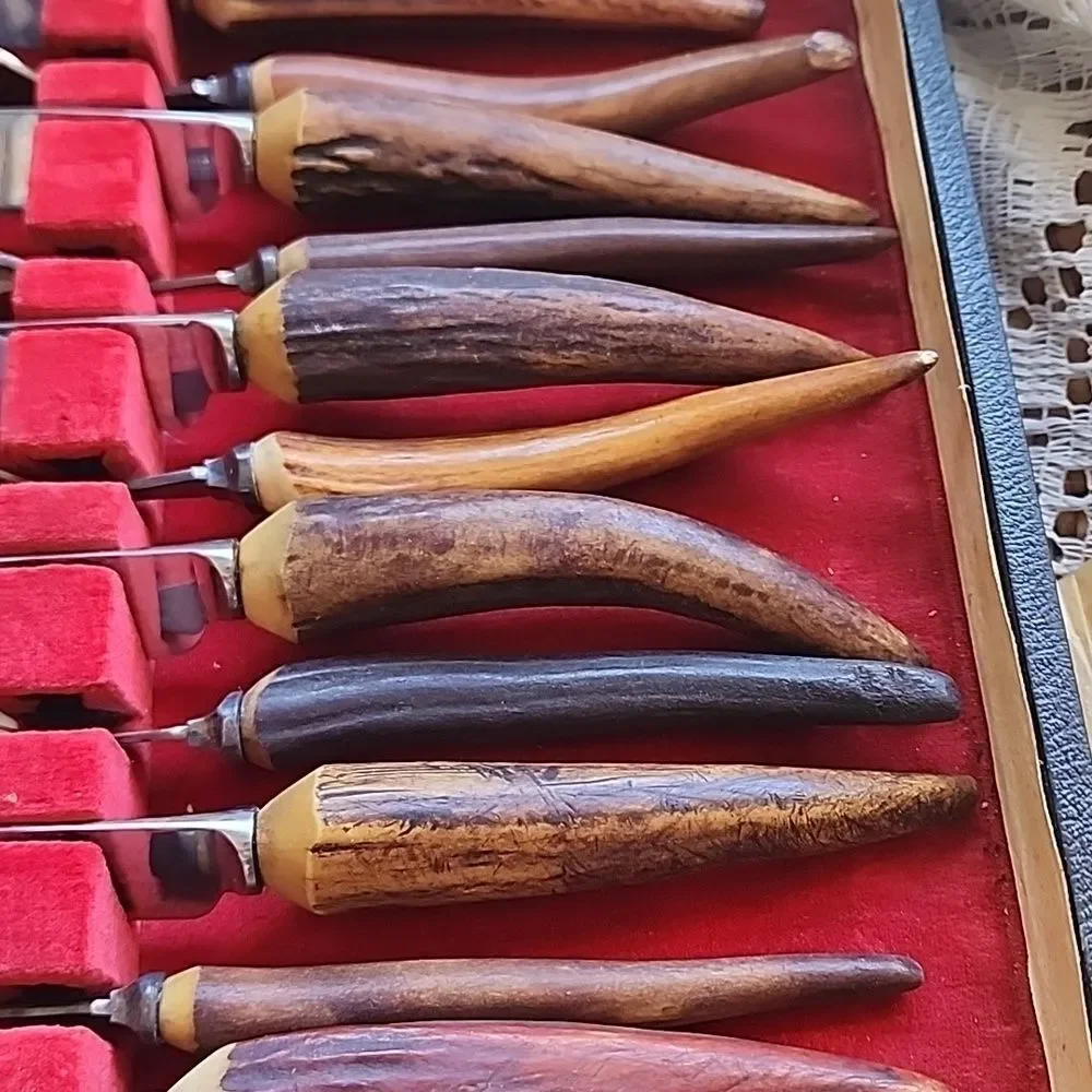 Vintage J Sanderson & Son Faux Stag Horn/Antler Knife/Fork Set Original Case